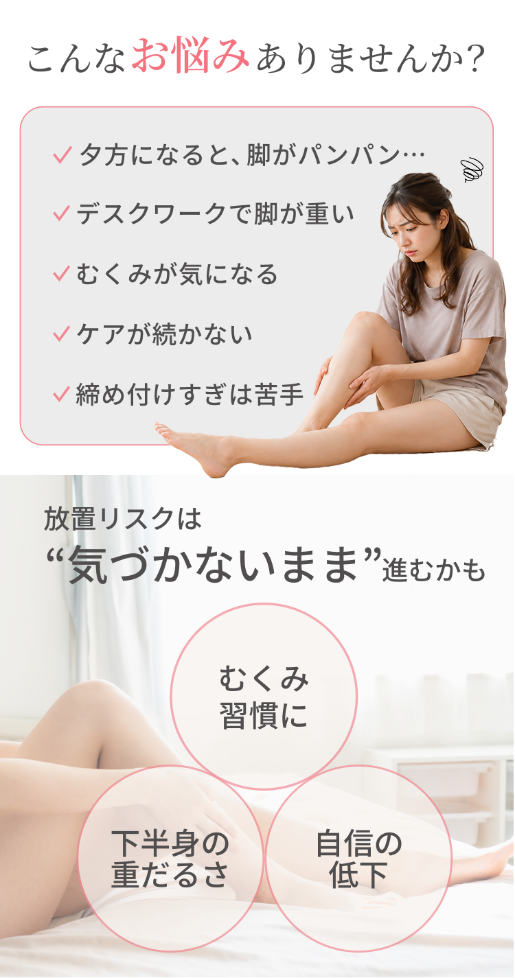 こんなお悩みありませんか　夕方になると脚がパンパン、デスクワークで脚が重い、むくみが気になる、ケアが続かない、締め付けすぎは苦手　放置リスクは気が付かないまま進むかも　むくみ習慣に、下半身の重だるさ、自身の低下